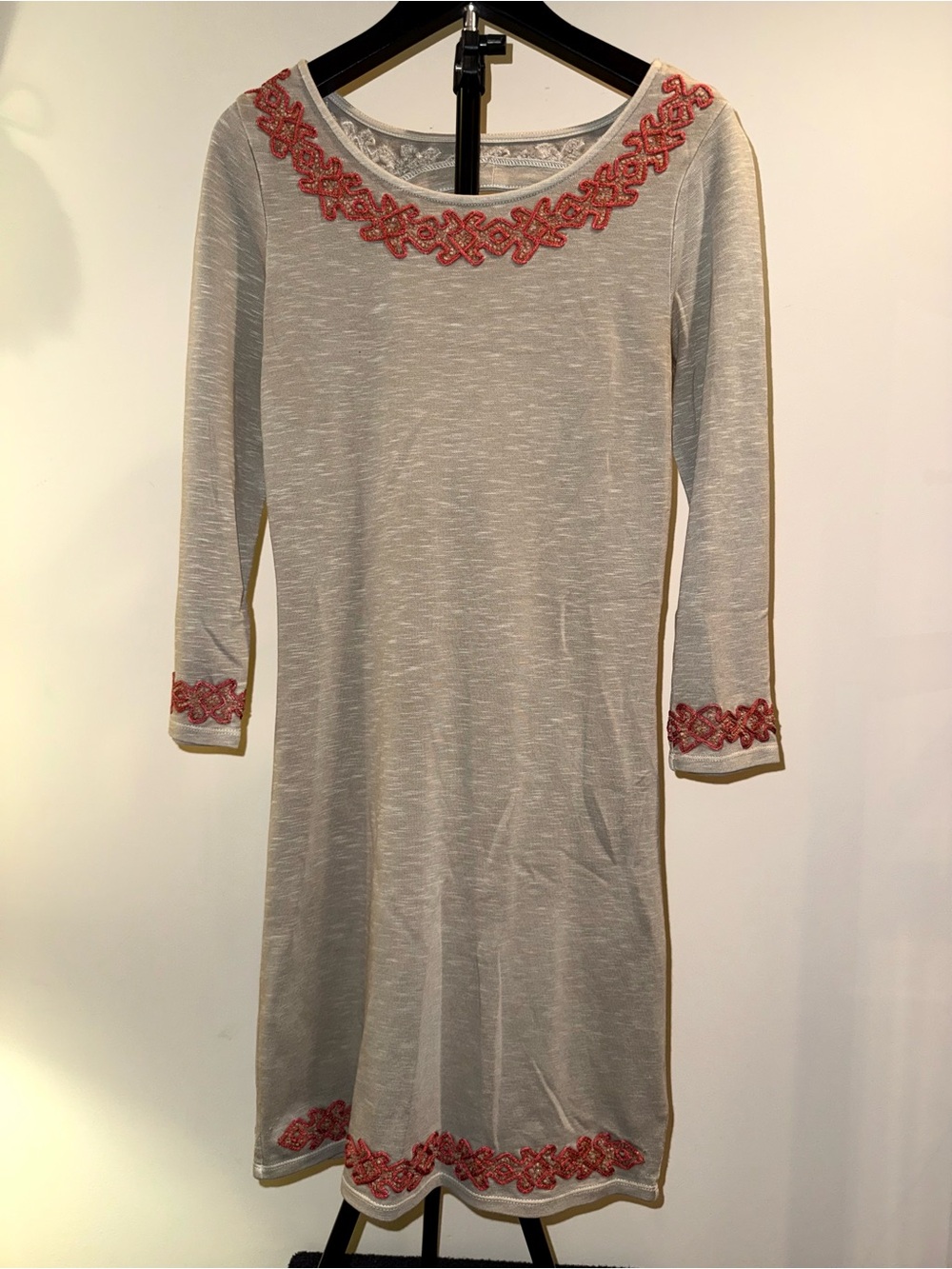 Free People Open Back Embroidered Trim Dress in taupe and peach, size S